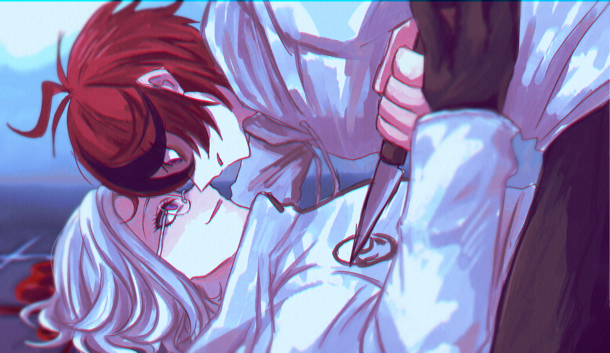 kawati, aotsuki eito, sumino takumi, the hundred line -last defense academy-, highres, spoilers, 2boys, ahoge, black gloves, black pants, black streaks, blood, blood on ground, blue eyes, boy on top, drawstring, evil smile, eye contact, glasses, gloves, grey hair, holding, holding knife, hood, hoodie, jacket, knife, looking at another, male focus, multicolored hair, multiple boys, pants, purple eyes, red hair, short hair, smile, streaked hair, white hoodie, white jacket