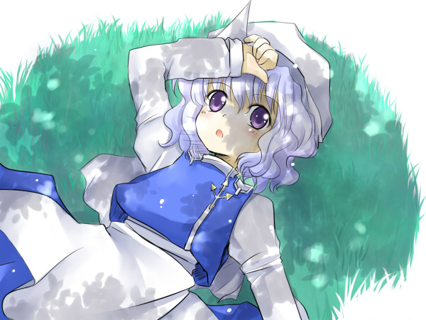 yuugiri (artist), yuugiri (u-slash), letty whiterock, touhou, 1girl, blue hair, female focus, grass, hat, lying, outdoors, plant, purple eyes, solo