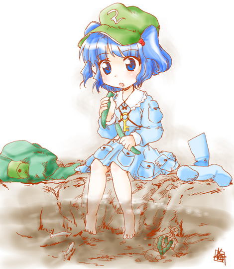 kairakuen umenoka, kawashiro nitori, touhou, 1girl, backpack, bag, barefoot, blue eyes, blue hair, boots, cucumber, female focus, full body, gradient background, hat, key, matching hair/eyes, plant, randoseru, sitting, skirt, soaking feet, solo, two side up, water, white background