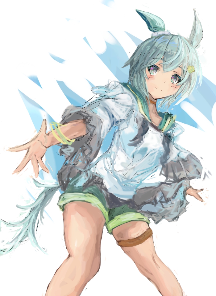 yanagi wakana, seiun sky (umamusume), umamusume, 1girl, animal ears, blouse, blue eyes, blush, bracelet, brown choker, choker, closed mouth, ear scrunchie, green sailor collar, green shorts, grey hair, hair between eyes, hair ornament, hairclip, horse ears, horse girl, horse tail, jewelry, looking at viewer, sailor collar, seiun sky (reeling in the big one) (umamusume), shirt, short hair, shorts, smile, solo, tail, thigh strap