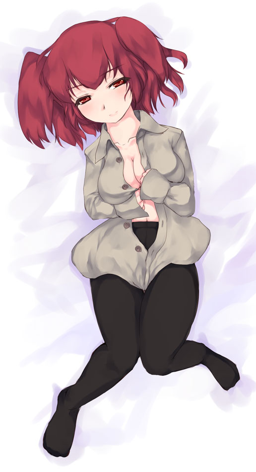 nekohige, 1girl, blush, breasts, cleavage, female focus, naughty face, open clothes, open shirt, pantyhose, red eyes, red hair, shirt, small breasts, solo, twintails