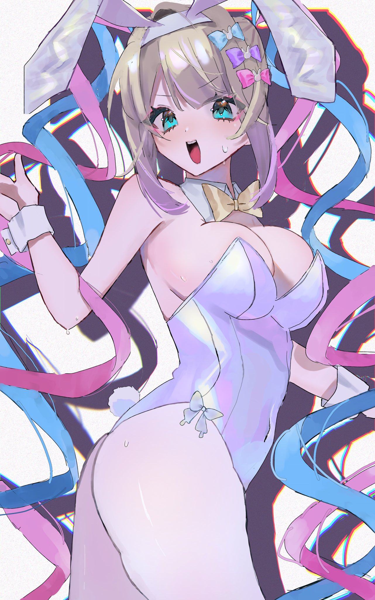 nakataa 7, chouzetsusaikawa tenshi-chan, needy girl overdose, highres, 1girl, :d, animal ear hairband, animal ears, blonde hair, blue eyes, blue hair, blunt bangs, bow, bowtie, breasts, claw pose, cleavage, collar, colored tips, drop shadow, fake animal ears, hair bow, hairband, holographic clothing, leotard, looking at viewer, multicolored hair, multiple hair bows, open mouth, pink hair, playboy bunny, quad tails, rabbit ear hairband, rabbit ears, rabbit tail, sidelocks, smile, solo, sweat, tail, twisted torso, wrist cuffs