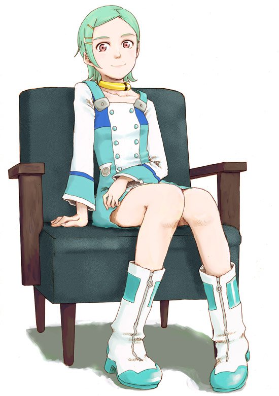 naotan, eureka (eureka seven), eureka seven, eureka seven (series), 00s, 1girl, aqua hair, boots, chair, choker, female focus, full body, hair ornament, hairclip, knees together feet apart, short hair, sitting, smile, solo, white boots