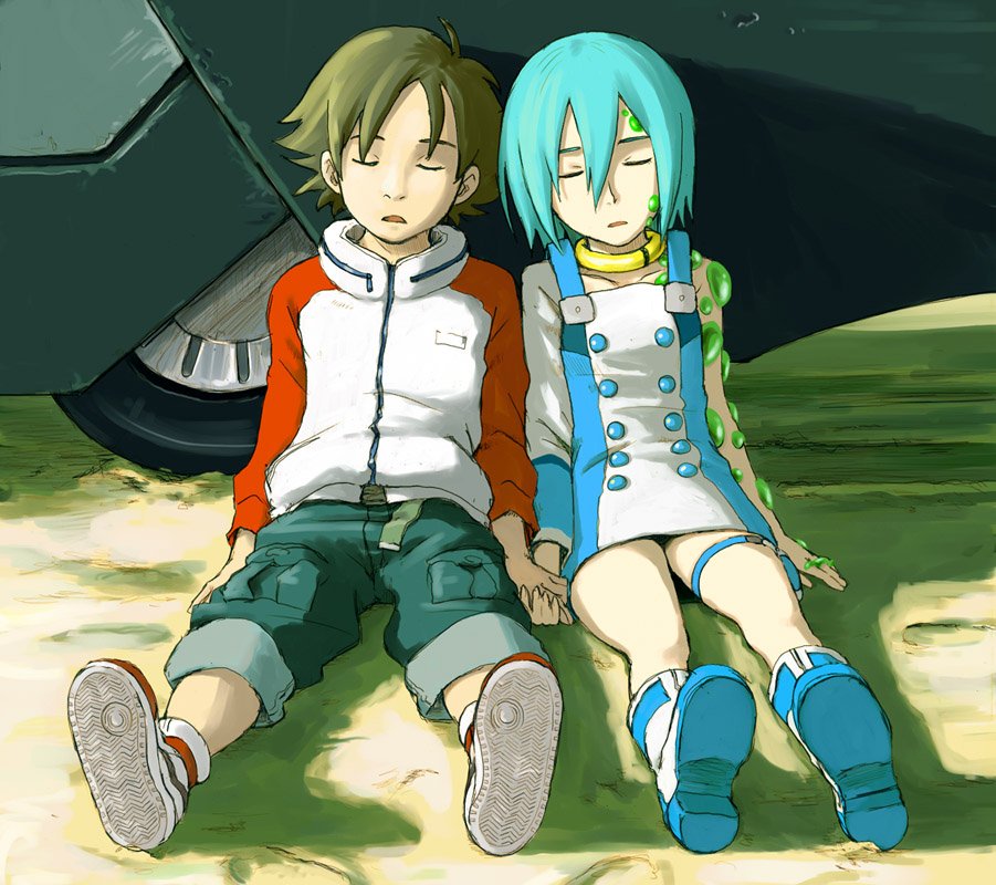 naotan, eureka (eureka seven), renton thurston, eureka seven, eureka seven (series), white footwear, 00s, 1boy, 1girl, aqua hair, boots, choker, closed eyes, hetero, holding hands, raglan sleeves, short hair, sleeping, thigh strap