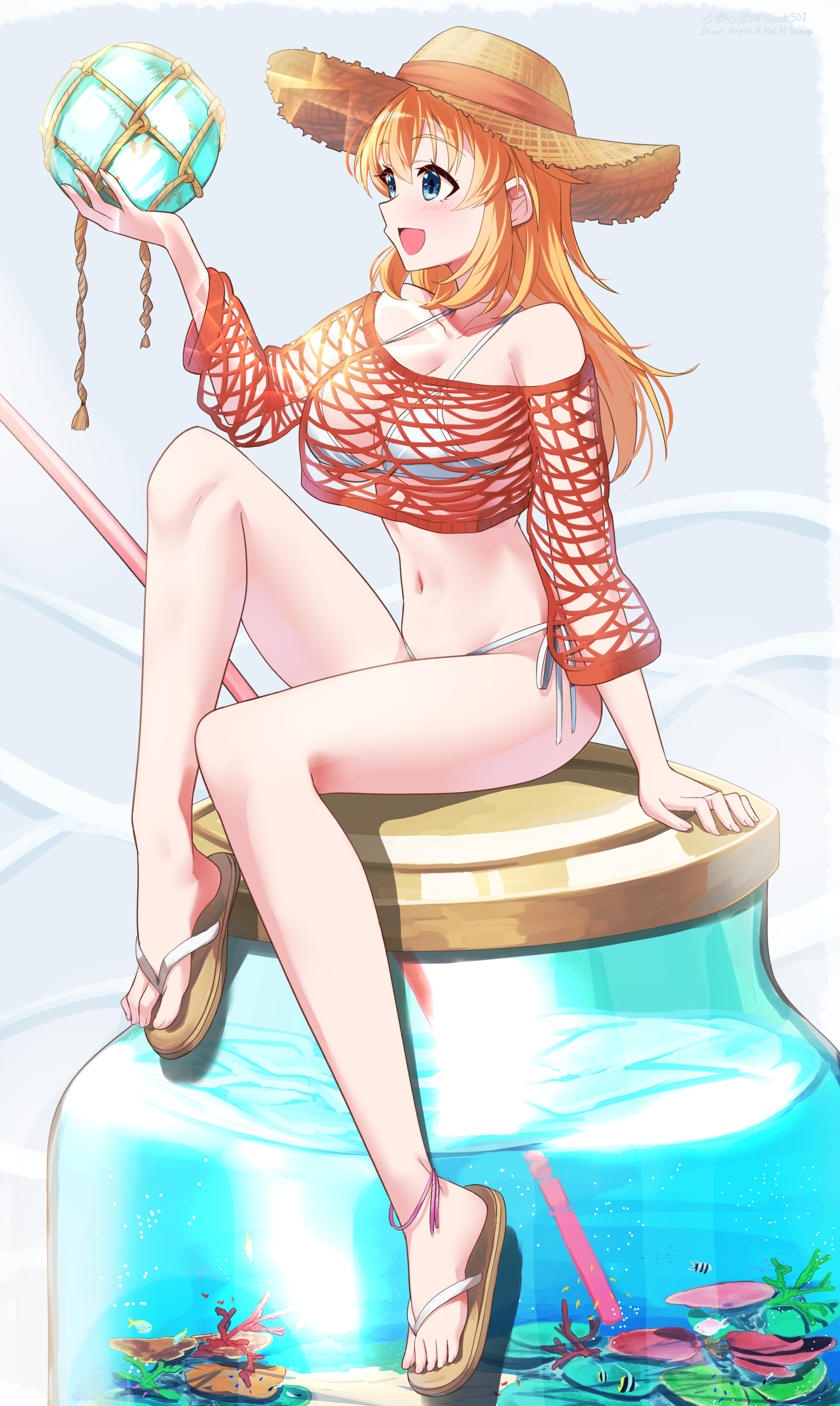 hiroshi (hunter-of-kct), charlotte e. yeager, strike witches, world witches series, absurdres, highres, 1girl, alternate costume, bikini, blue eyes, breasts, coral, drinking straw, happy, hat, jar, large breasts, long hair, looking to the side, navel, open mouth, orange hair, sandals, solo, standing, swimsuit, water