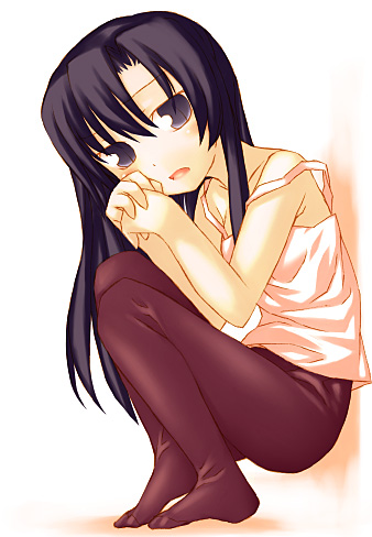 nu (plastic eraser), kuhouin murasaki, kure-nai, kurenai, lowres, 00s, 1girl, black hair, child, female focus, pantyhose, solo, squatting, strap slip, tank top