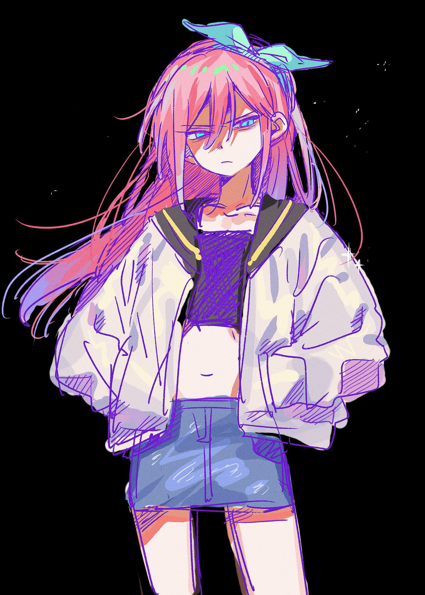 atsu exist, aubrey (faraway) (omori), aubrey (omori), omori, highres, 1girl, angry, black background, black sailor collar, black shirt, blue eyes, blue hairband, blue skirt, bow hairband, closed mouth, cowboy shot, crop top, cropped shirt, denim, denim skirt, double-parted bangs, frown, hair between eyes, hairband, half-closed eyes, hands in pockets, hatching (texture), jacket, long hair, long sleeves, looking at viewer, midriff, miniskirt, navel, open clothes, open jacket, pink hair, puffy long sleeves, puffy sleeves, sailor collar, shaded face, shirt, sidelocks, simple background, skirt, solo, standing, v-shaped eyebrows, very long hair, white jacket, wind