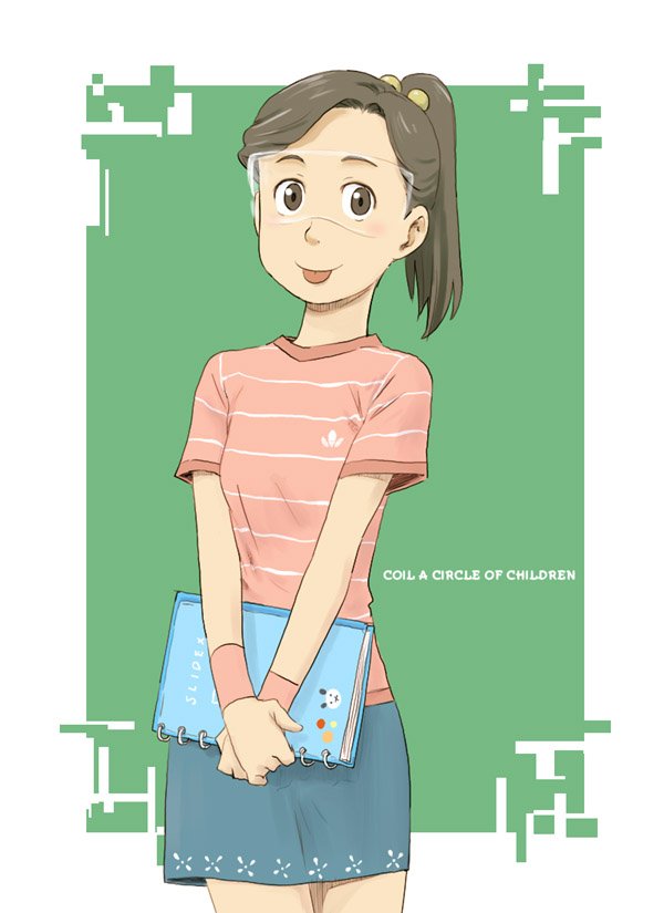 naotan, aiko (dennou coil), dennou coil, 00s, :p, brown eyes, brown hair, glasses, long hair, ponytail, shirt, t-shirt, tongue, tongue out, wristband