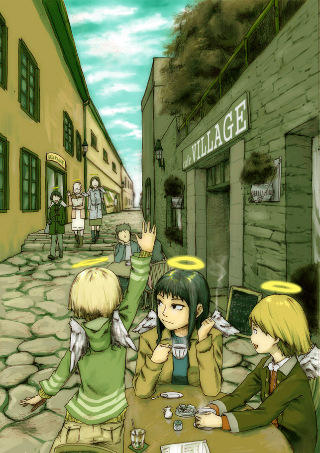 naotan, hikari (haibane renmei), kana (haibane renmei), kuu (haibane renmei), nemu (haibane renmei), rakka (haibane renmei), reki (haibane renmei), haibane renmei, 00s, 1boy, 6+girls, angel wings, ashtray, cafe, chair, cigarette, coffee, cup, day, drinking, halo, multiple girls, outdoors, pavement, sitting, smoke, smoking, spoon, table, teacup, town, waving, wings