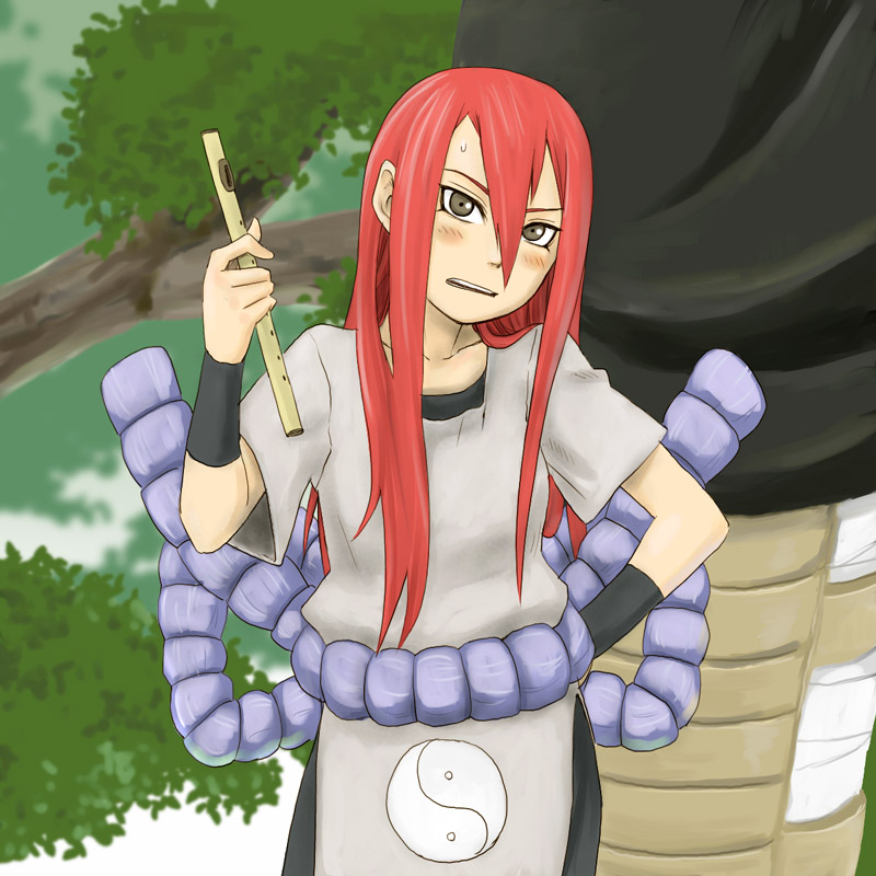 naotan, tayuya (naruto), naruto (classic), naruto (series), 1girl, blush, female focus, flute, grey eyes, instrument, long hair, red hair, solo, sweatdrop, yin yang
