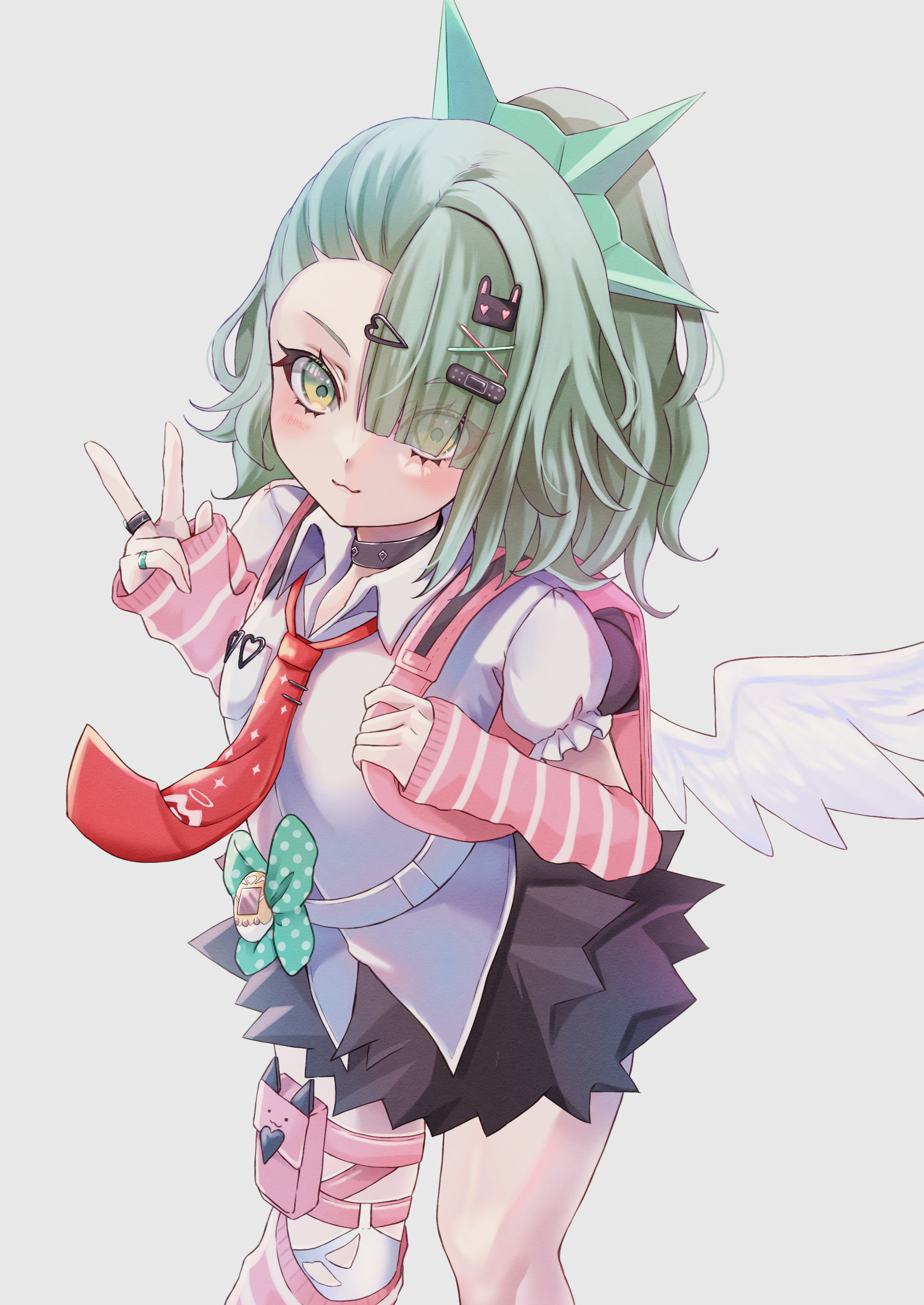 is (aisu), chinatsu remiel, zenless zone zero, absurdres, highres, 1girl, arm warmers, asymmetrical bangs, asymmetrical legwear, backpack, bag, blush, choker, eyes visible through hair, feathered wings, green eyes, green hair, hair ornament, hair over one eye, hairpin, holding strap, idol, leg warmers, long hair, looking at viewer, multiple hairpins, necktie, pinching sleeves, pink bag, pouch, randoseru, red necktie, shirt, smile, solo, striped arm warmers, thigh pouch, w, white background, white shirt, winged bag, wings