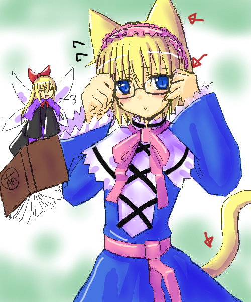 alice margatroid, shanghai doll, touhou, 2girls, adjusting eyewear, animal ears, bespectacled, blonde hair, blue eyes, blush, book, cat ears, cat girl, cat tail, female focus, glasses, gradient background, hairband, multiple girls, solo, standing, tail, white background