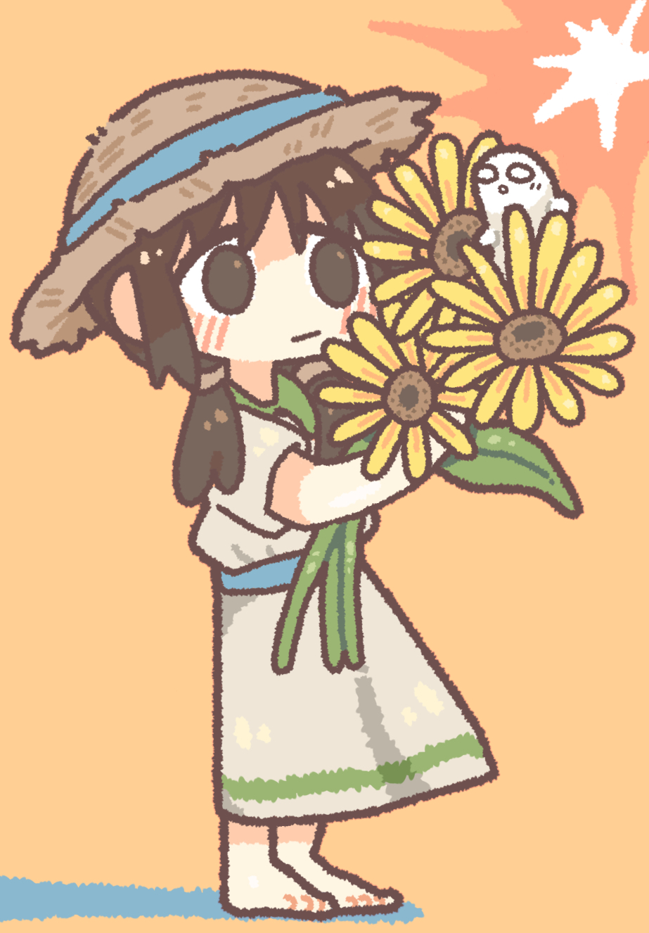 nikudango, chito (shoujo shuumatsu ryokou), nuko (shoujo shuumatsu ryokou), shoujo shuumatsu ryokou, highres, 1girl, alternate costume, barefoot, black eyes, black hair, chibi, chibi only, closed mouth, dress, flower, full body, hat, holding, holding flower, low twintails, medium hair, short twintails, solo, sun hat, sunflower, twintails, white dress