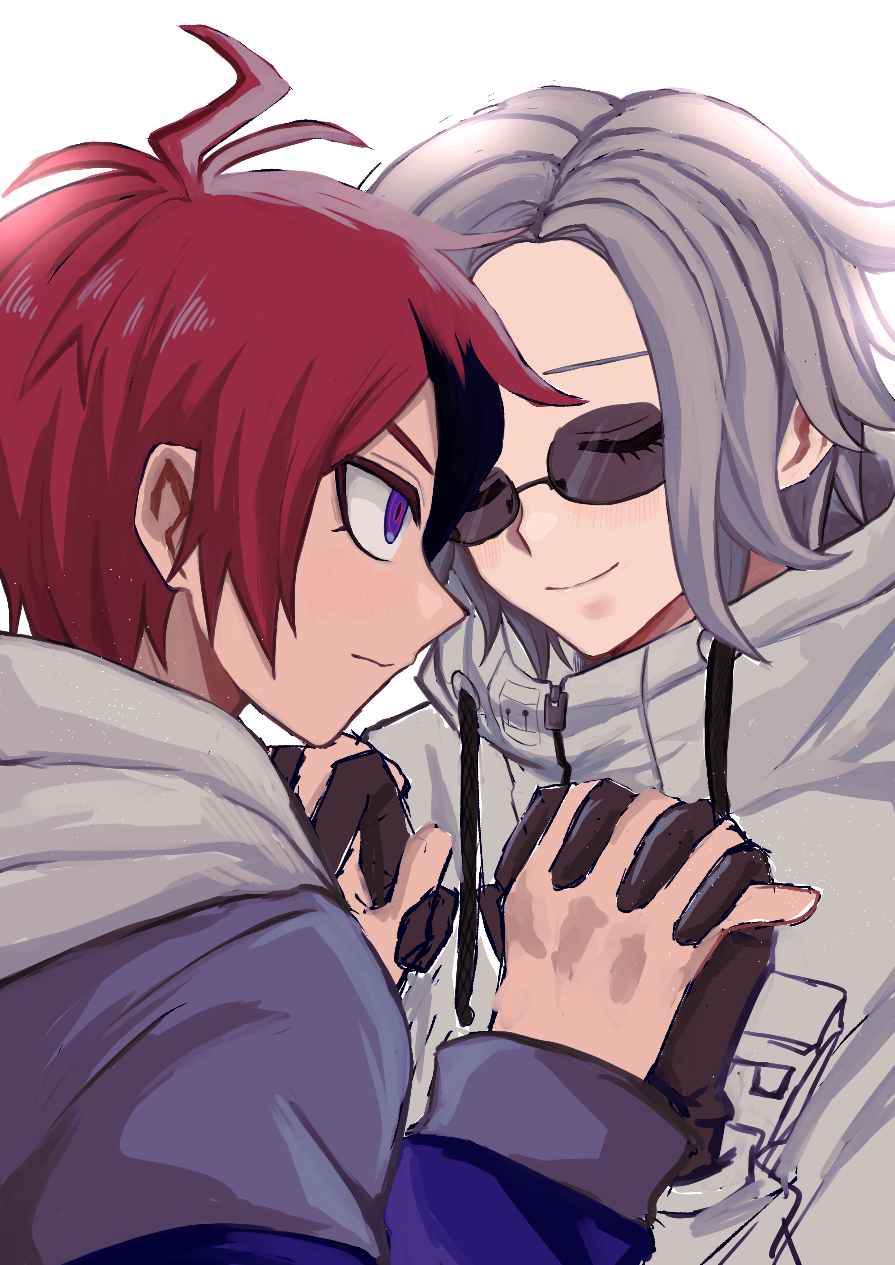 kawati, aotsuki eito, sumino takumi, the hundred line -last defense academy-, absurdres, highres, 2boys, ahoge, black gloves, black streaks, blue eyes, blue jacket, breast pocket, closed eyes, face-to-face, gloves, grey hair, grey jacket, holding hands, hood, hoodie, interlocked fingers, jacket, jacket over hoodie, light blush, male focus, multicolored hair, multicolored jacket, multiple boys, pocket, red hair, short hair, simple background, smile, streaked hair, sunglasses, two-tone jacket, upper body, white background, white hoodie, white jacket, yaoi
