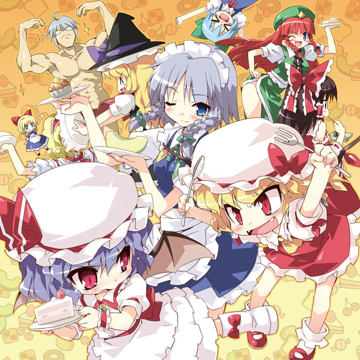 petenshi (dr. vermilion), alice margatroid, cirno, flandre scarlet, hakurei reimu, hong meiling, izayoi sakuya, kirisame marisa, mannosuke, morichika rinnosuke, remilia scarlet, shanghai doll, innocent key, touhou, silver hair, > <, 1boy, 6+girls, ahoge, bat wings, black hair, blonde hair, blue eyes, blue hair, braid, cake, chibi, china dress, chinese clothes, closed eyes, dessert, doll, dress, eating, fang, fangs, food, fork, hat, japanese clothes, long hair, miko, mob cap, multiple girls, nude, one eye closed, pastry, red eyes, red hair, ribbon, short hair, spoon, wings, wink, witch, witch hat, wrist cuffs, wristband