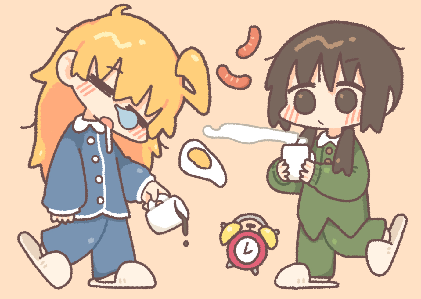 nikudango, chito (shoujo shuumatsu ryokou), yuuri (shoujo shuumatsu ryokou), shoujo shuumatsu ryokou, 2girls, = =, ahoge, alarm clock, alternate costume, black eyes, black hair, blonde hair, blue pajamas, chibi, chibi only, clock, closed eyes, closed mouth, coffee mug, cup, drooling, fried egg, green pajamas, holding, holding cup, long sleeves, low twintails, medium hair, mug, multiple girls, nose bubble, open mouth, pajamas, pants, saliva, short twintails, slippers, twintails, white slippers