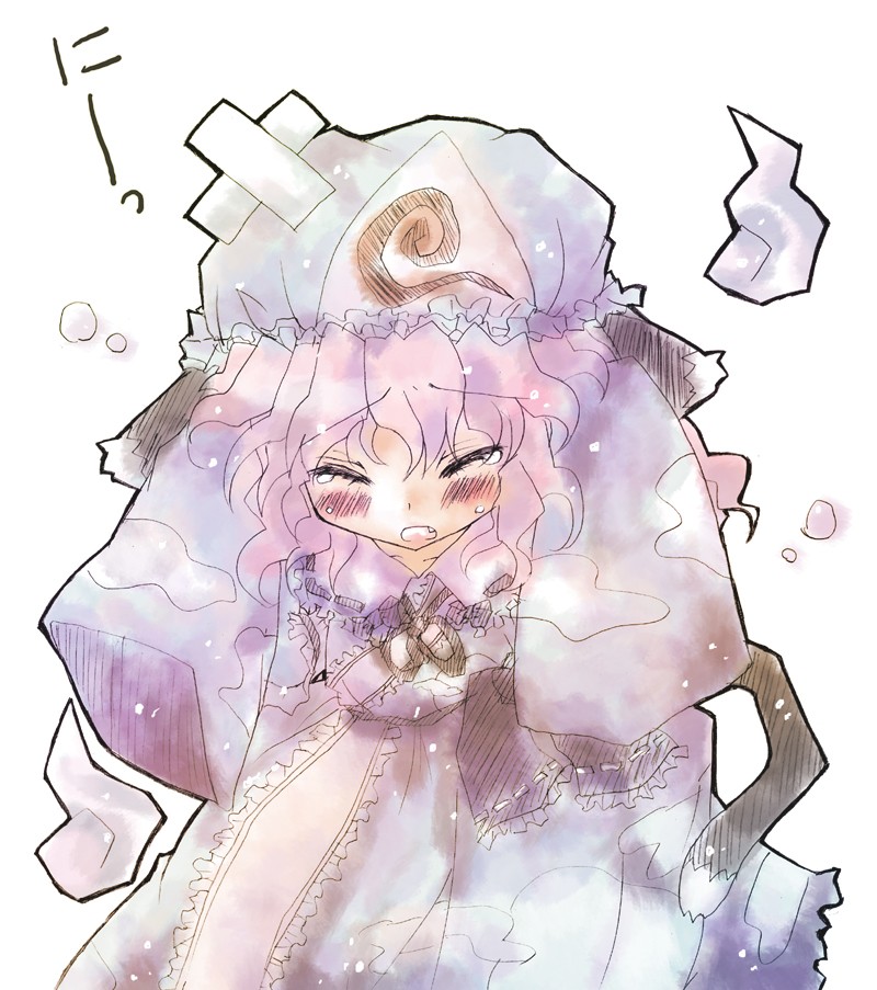 orimoto asami, saigyouji yuyuko, touhou, 1girl, animal ears, blush, cat ears, cat girl, cat tail, dress, fang, female focus, hat, kemonomimi mode, simple background, solo, tail, white background