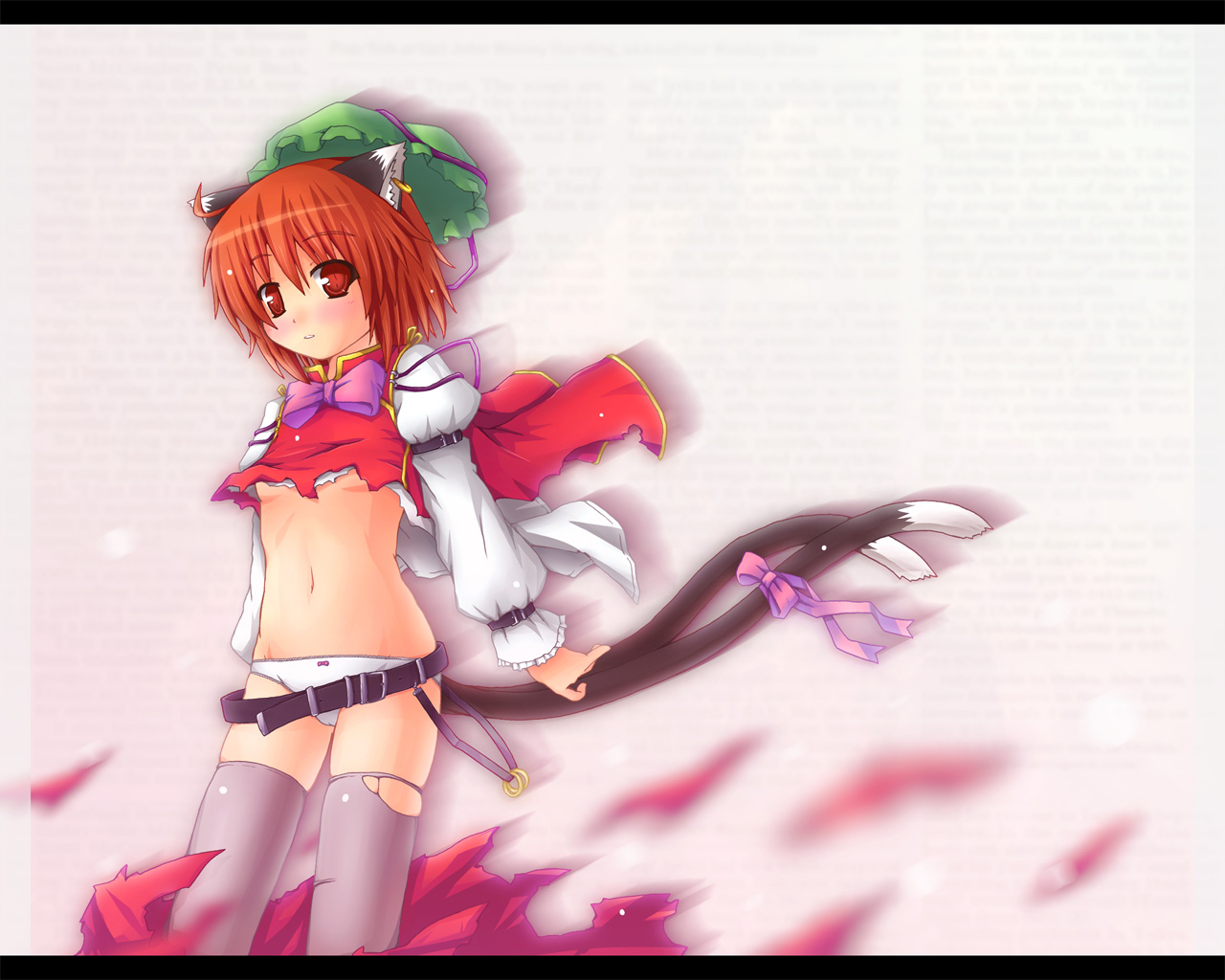 etogami kazuya, chen, touhou, 1girl, animal ears, belt, bow, breasts, cat ears, cat girl, cat tail, earrings, female focus, gradient background, hat, jewelry, letterboxed, panties, red eyes, red hair, small breasts, solo, tail, thighhighs, torn clothes, underboob, underwear