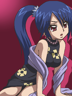 awa, toudou fubuki, kirarin revolution, lowres, 00s, blue hair, hair between eyes, jaggy lines, jewelry, long hair, necklace, oekaki, ponytail, purple background, red eyes, solo, very long hair