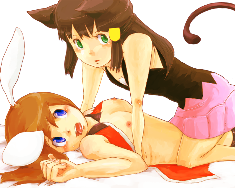 azuma yukihiko, dawn (pokemon), may (pokemon), nintendo, pokemon, pokemon rse, bad id, bad pixiv id, 00s, 2girls, alternate costume, animal ears, blue eyes, blush, breasts, brown hair, cat ears, cat tail, girl on top, green eyes, kemonomimi mode, lying, multiple girls, nipples, open clothes, open shirt, orange hair, rabbit ears, shirt, small breasts, tail, yuri