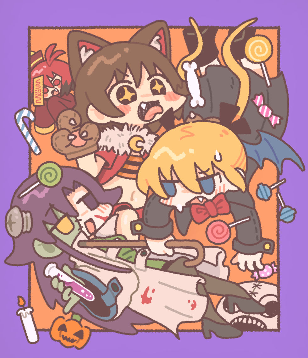nikudango, goshiki agiri, oribe yasuna, sonya (kill me baby), unused character (kill me baby), kill me baby, + +, 4girls, alternate costume, alternate eye color, animal ears, antenna hair, black eyes, black ribbon, black shoes, black thighhighs, blonde hair, blue eyes, blush, border, bow, bowtie, brown hair, candle, candy, chibi, chibi only, fang, food, hair ribbon, halloween costume, high heels, holding, holding test tube, jiangshi costume, kemonomimi mode, lab coat, lollipop, long hair, long sleeves, looking at another, looking at viewer, multicolored hair, multiple girls, navel, open mouth, purple border, purple eyes, purple hair, red bow, red bowtie, red eyes, red hair, ribbon, shoes, short hair, smile, sweat, test tube, thighhighs, tongue, tongue out, twintails, wolf ears