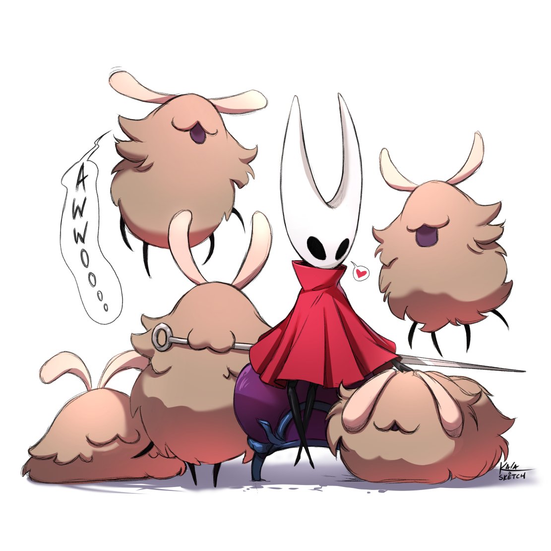 kalasketch, hornet (hollow knight), hollow knight, hollow knight: silksong, 1girl, 5others, artist name, black eyes, blank eyes, cloak, heart, horns, multiple others, needle (hollow knight), red cloak, signature, simple background, spoken heart, white background