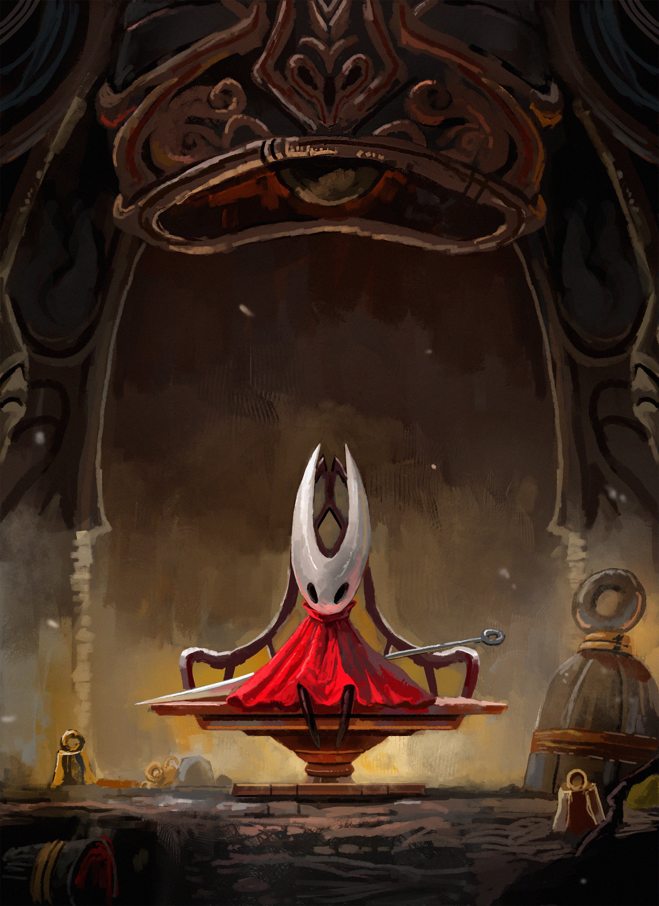 yanmanxplore, hornet (hollow knight), hollow knight, hollow knight: silksong, absurdres, highres, 1girl, bell, bench, black eyes, blank eyes, cloak, horns, looking at viewer, needle (hollow knight), red cloak, sitting, solo