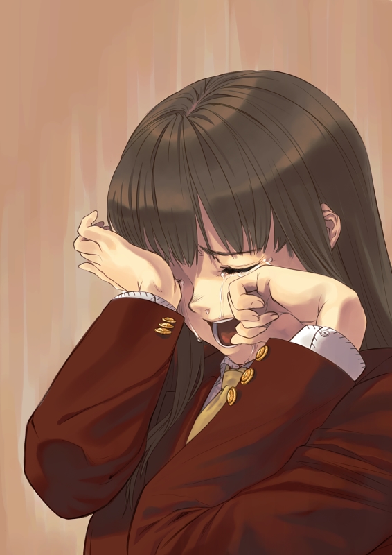 shimotsuki eight, original, bad id, bad pixiv id, 1girl, brown hair, buttons, closed eyes, crying, female focus, long hair, solo, tears, wiping tears