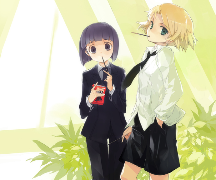 ni (2shi), endou izuna, yamashita satoru, kurogane no linebarrel, bad id, bad pixiv id, 00s, 2boys, androgynous, blonde hair, child, food, formal clothes, green eyes, multiple boys, necktie, pant suit, pants, pocky, purple eyes, purple hair, short hair, shorts, suit, trap