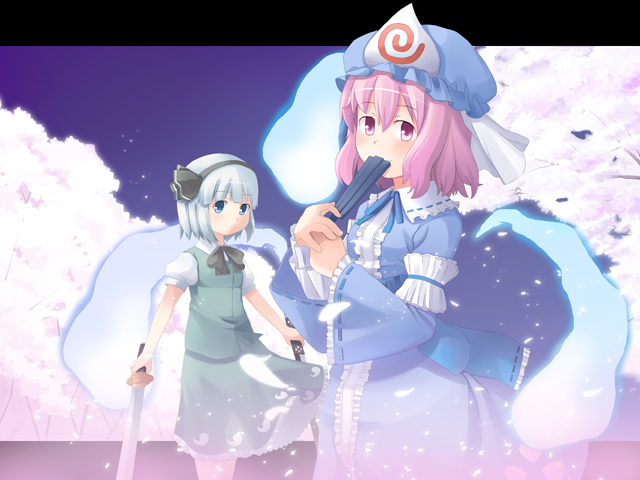 masuneko, konpaku youmu, konpaku youmu (ghost), saigyouji yuyuko, touhou, silver hair, bad id, bad pixiv id, 2girls, cherry blossoms, covering face, covering own mouth, covering privates, female focus, folded fan, folding fan, ghost, hairband, hand fan, hat, japanese clothes, katana, kimono, multiple girls, pink eyes, pink hair, ribbon, short hair, sword, weapon