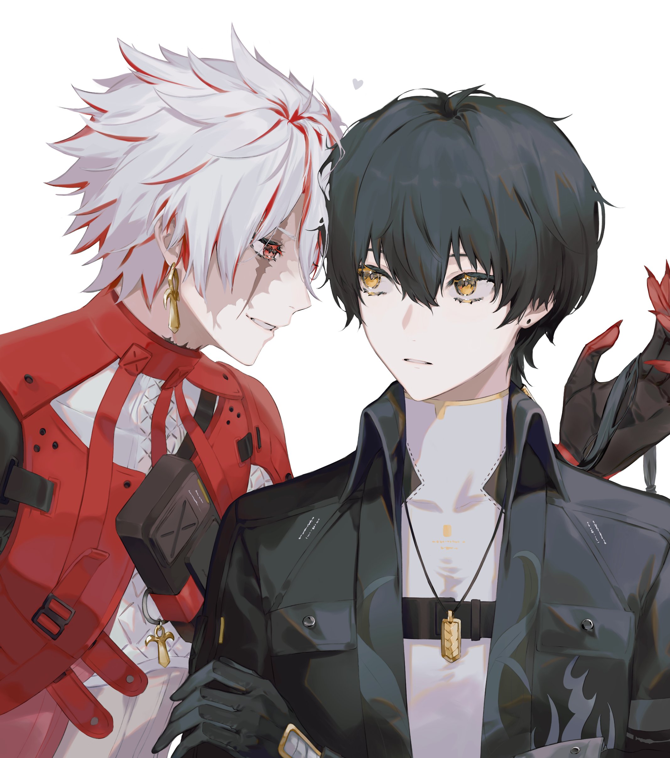 q 9981, male rover (wuthering waves), rover (wuthering waves), scar (wuthering waves), wuthering waves, absurdres, highres, 2boys, black gloves, black hair, black hands, black jacket, bodysuit, breast pocket, claws, coat, collared jacket, colored extremities, covered collarbone, earrings, gloves, hair between eyes, hair ornament, hand up, heart, holding another's hair, jacket, jewelry, long hair, long sleeves, looking at another, low ponytail, male focus, multicolored hair, multiple boys, necklace, open clothes, open jacket, pocket, ponytail, red coat, red eyes, red hair, scar, scar across eye, scar on face, shirt, short hair, simple background, smile, sword earrings, teeth, two-tone hair, upper body, white background, white bodysuit, white hair, white shirt, yaoi, yellow eyes