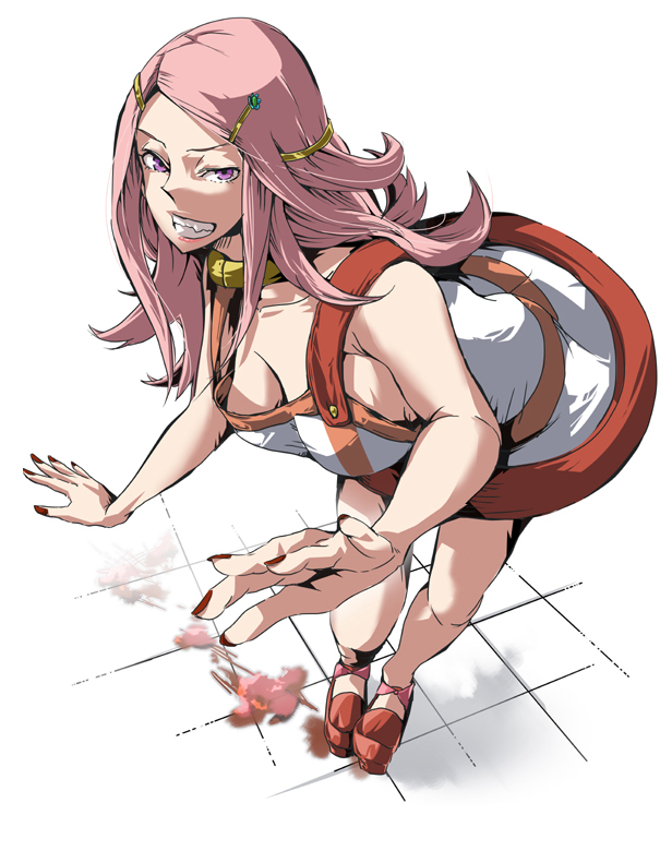 tanupo, anemone (eureka seven), eureka seven, eureka seven (series), 00s, 1girl, female focus, grin, hair ornament, hairclip, nail polish, pink eyes, pink hair, red nails, smile, solo
