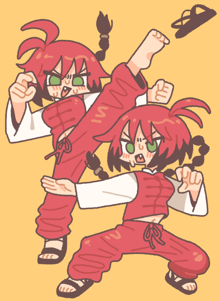 nikudango, unused character (kill me baby), kill me baby, 1girl, alternate costume, braid, breasts, brown hair, chibi, chibi only, fang, green eyes, leg up, long sleeves, medium breasts, navel, open mouth, pants, red hair, red pants, sandals, simple background, single braid, solo, sweat, yellow background