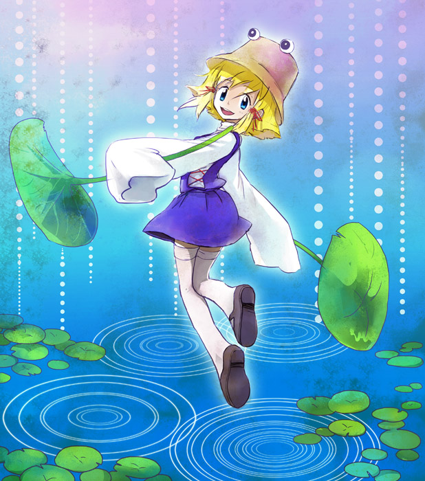 chako (mocomoco10), moriya suwako, touhou, bad id, bad pixiv id, 1girl, blonde hair, blue eyes, female focus, hair ribbon, hat, lily pad, outdoors, ribbon, smile, solo, thighhighs, water, white thighhighs