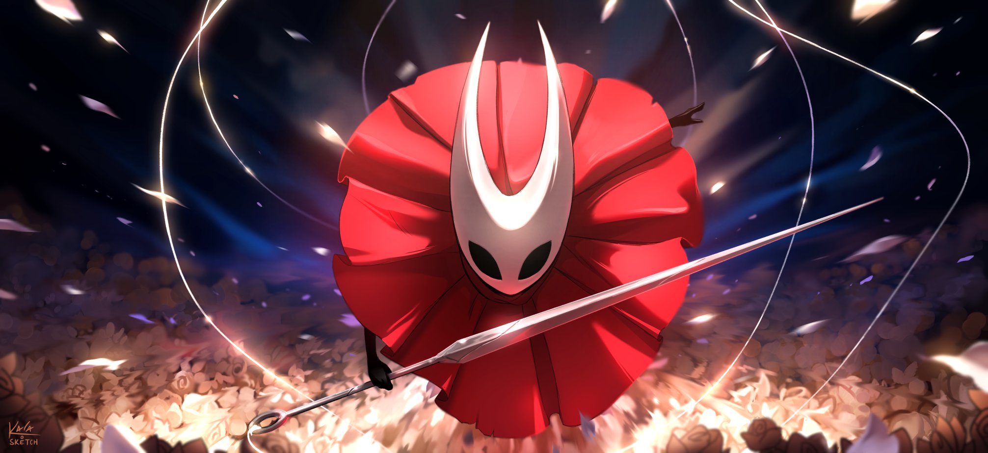 kalasketch, hornet (hollow knight), hollow knight, hollow knight: silksong, highres, black eyes, blank eyes, charging forward, cloak, holding, holding weapon, horned mask, horns, looking at viewer, mask, needle (hollow knight), red cloak, silk, weapon, white mask