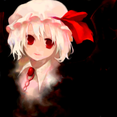 fujiyama, rin (artist), remilia scarlet, touhou, bad id, bad pixiv id, lowres, 1girl, female focus, hat, mob cap, pink hat, red eyes, ribbon, short hair, solo, white hat