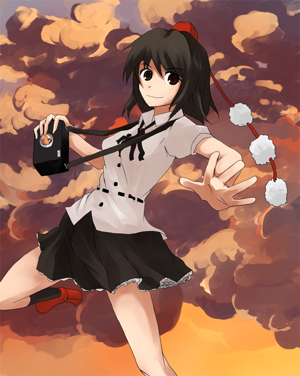 mieharu, shameimaru aya, touhou, 1girl, black eyes, black hair, camera, female focus, flying, hat, legs, outdoors, short hair, sky, solo
