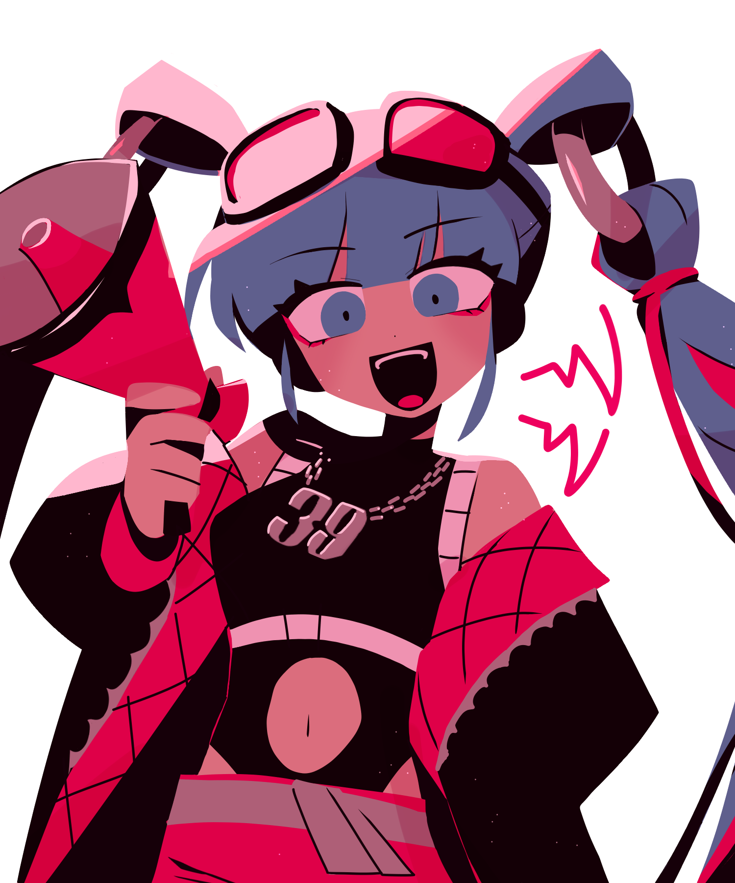 st4ngray, hatsune miku, magical mirai miku, magical mirai miku (2023), magical mirai (vocaloid), vocaloid, commentary, english commentary, highres, 1girl, :d, bare shoulders, black-framed eyewear, black jacket, black leotard, black mouth, blue eyes, blue hair, blunt bangs, breasts, chain, chain necklace, clothing cutout, cowboy shot, dot nose, downturned eyes, goggles, goggles on head, hand in pocket, hand up, holding, holding megaphone, jacket, jacket partially removed, jewelry, leotard, long hair, long sleeves, looking at viewer, medium breasts, megaphone, navel, navel cutout, necklace, no lineart, open mouth, pants, puffy long sleeves, puffy sleeves, red-tinted eyewear, red pants, simple background, smile, solo, standing, teeth, tinted eyewear, tongue, twintails, upper teeth only, white background