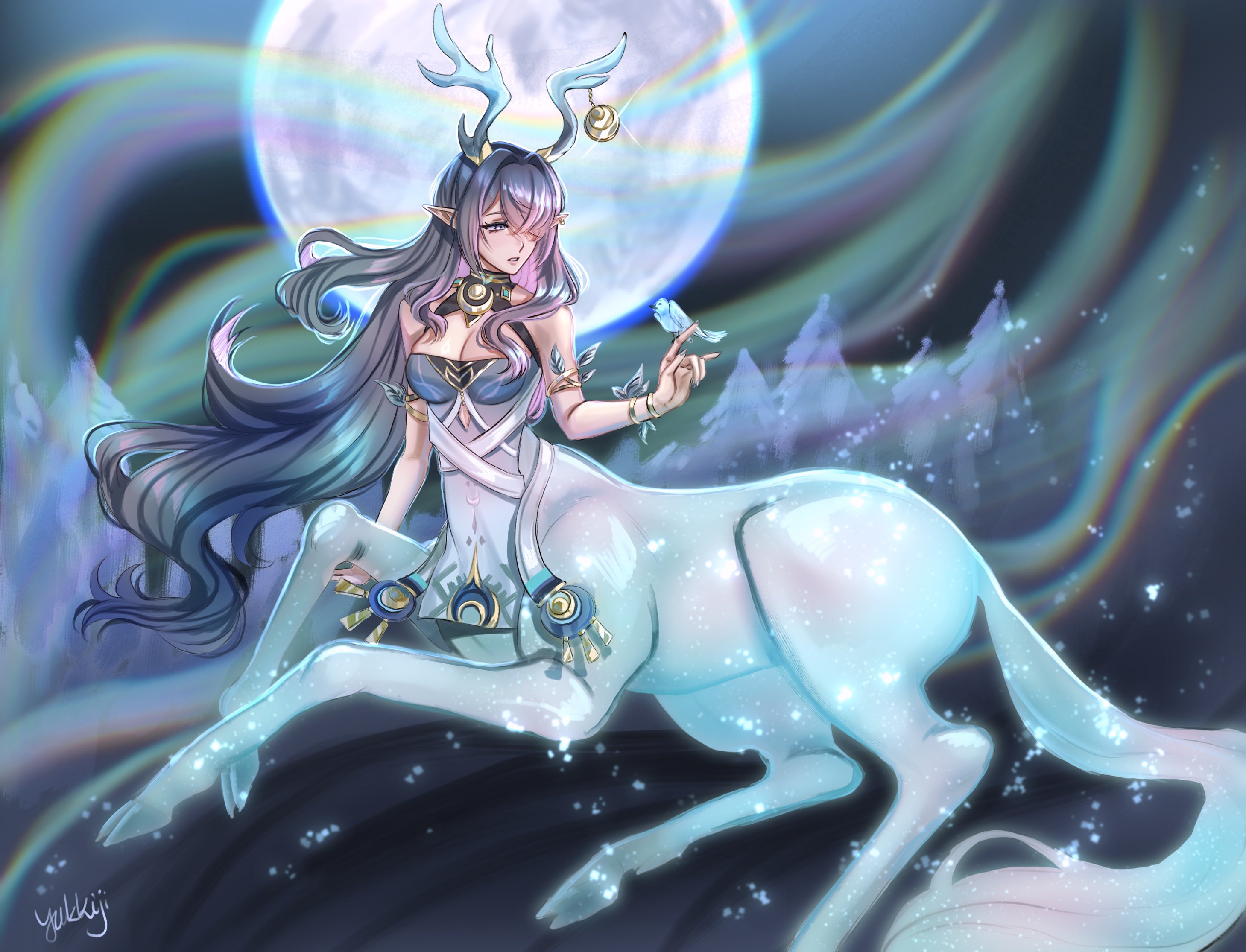 yukkiji, lauma (genshin impact), genshin impact, highres, 1girl, antler ornament, antlers, aurora, bare shoulders, bird, blue hair, breasts, centauroid, deer girl, full moon, hair over one eye, horns, jewelry, large breasts, long hair, moon, night, pointy ears, taur, tree, very long hair