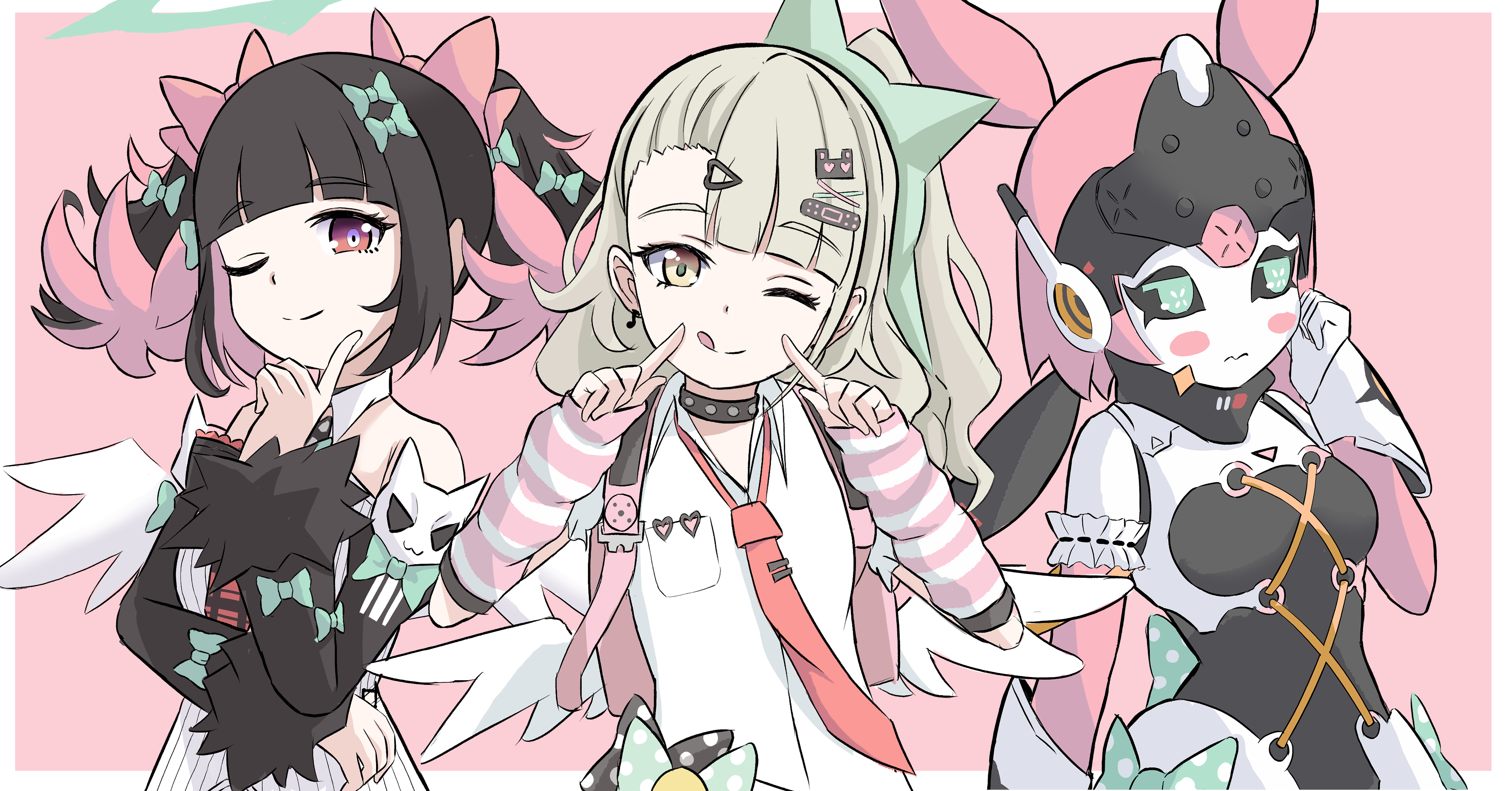 edo-sensei, chinatsu remiel, rokudu sariel, yutane johiel, zenless zone zero, absurdres, highres, 3girls, arm warmers, asymmetrical bangs, backpack, bag, bare shoulders, black hair, black sclera, blush stickers, bow, choker, colored sclera, feathered wings, green bow, green eyes, green hair, hair bow, hair ornament, hairpin, halo, humanoid robot, idol, joints, long hair, looking at viewer, multicolored hair, multiple girls, multiple hairpins, necktie, one eye closed, pink bag, pink hair, randoseru, red necktie, robot, robot girl, robot joints, shirt, smile, striped arm warmers, twintails, two-tone hair, white shirt, wings