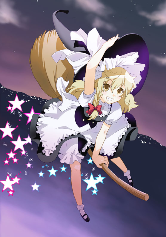 mattaku mousuke, kirisame marisa, touhou, bad id, bad pixiv id, 1girl, blonde hair, braid, broom, broom riding, female focus, full body, gradient background, hair ribbon, hand on headwear, hat, long hair, outdoors, ribbon, single braid, skirt, sky, solo, star (symbol), underwear, witch, witch hat, yellow eyes