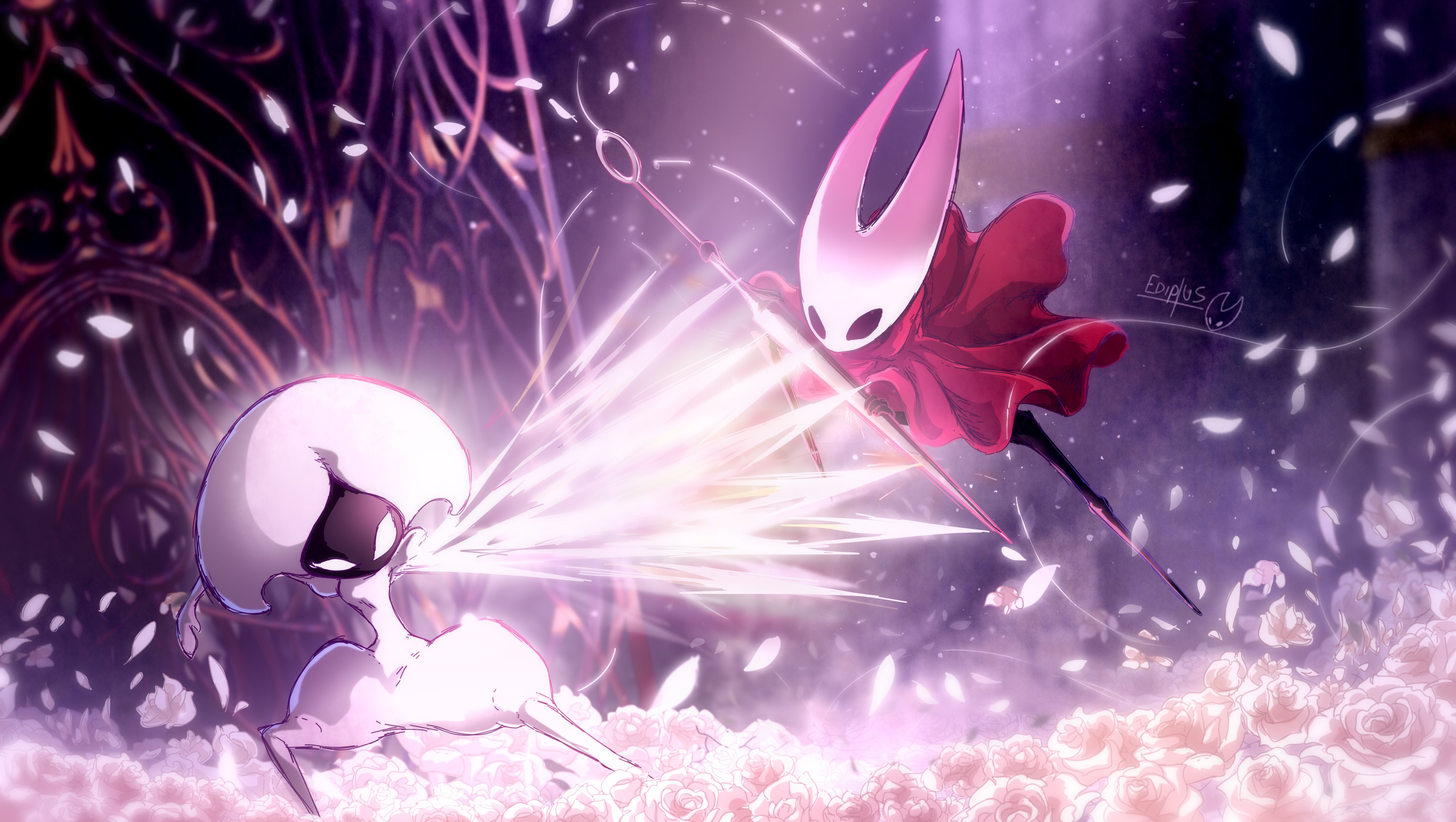 ediptus, hornet (hollow knight), lace (hollow knight), hollow knight, hollow knight: silksong, absurdres, highres, 2girls, artist name, battle, black eyes, blank eyes, cloak, duel, flower, holding, holding weapon, horned mask, horns, mask, multiple girls, needle (hollow knight), petals, red cloak, weapon, white eyes, white flower, white mask, white petals