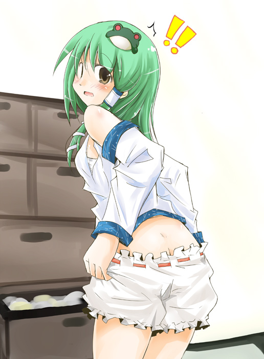 habara meguru, kochiya sanae, touhou, bad id, bad pixiv id, !, 1girl, ass, bloomers, blush, brown eyes, butt crack, female focus, frog, green hair, hair ornament, long hair, solo, underwear, undressing, white bloomers