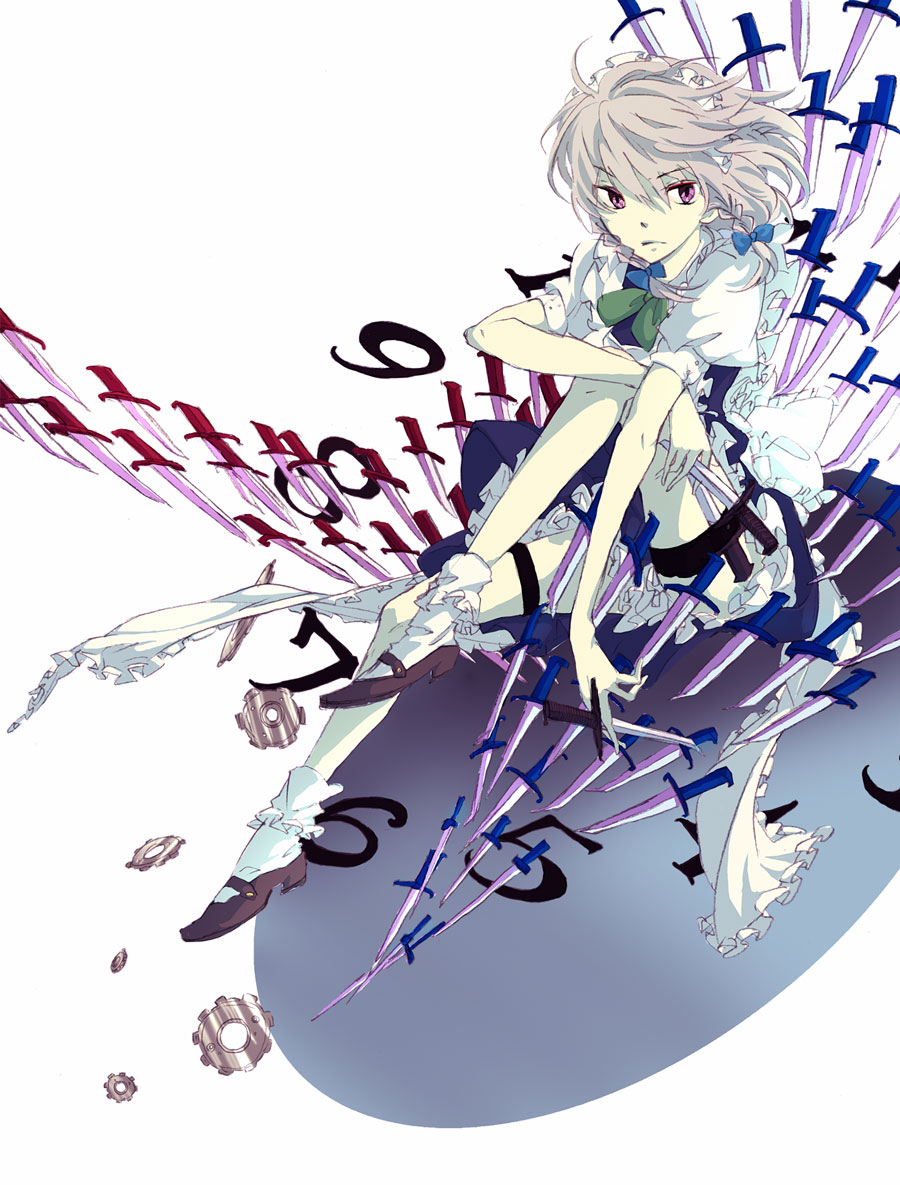 sugi, izayoi sakuya, touhou, silver hair, bad id, bad pixiv id, 1girl, between fingers, braid, clock, danmaku, female focus, gears, hair ribbon, holding, knife, maid, purple eyes, ribbon, solo, throwing knife, weapon