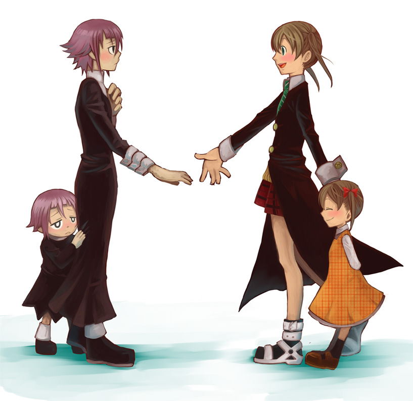 suzu (meabeasheep), crona (soul eater), maka albarn, soul eater, bad id, bad pixiv id, 00s, 2girls, aged down, androgynous, arms behind back, black dress, blonde hair, blouse, blush, bow, brown hair, child, closed eyes, coat, cuff links, dress, dual persona, hair bow, hiding, high collar, looking at another, mary janes, multiple girls, necktie, open mouth, outstretched hand, plaid clothes, plaid skirt, purple hair, shirt, shoes, short hair, shy, skirt, smile, socks, time paradox, twintails