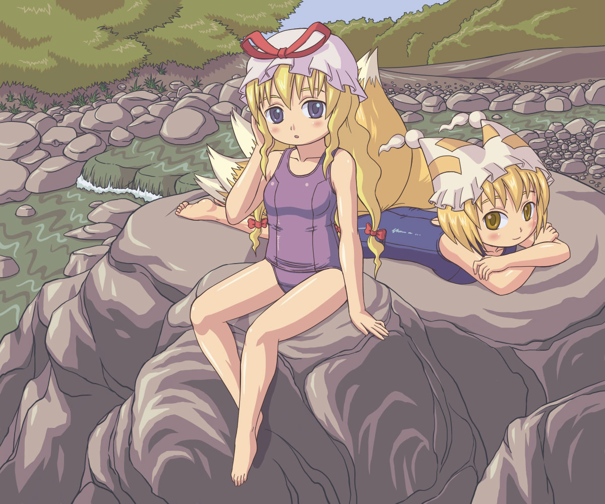 kt, yakumo ran, yakumo yukari, touhou, bad id, bad pixiv id, 2girls, animal ears, barefoot, blonde hair, brown eyes, feet, female focus, fox ears, fox tail, hair ribbon, hat, long hair, lying, multiple girls, on stomach, one-piece swimsuit, purple eyes, purple one-piece swimsuit, purple school swimsuit, ribbon, rock, school swimsuit, short hair, sitting, stream, swimsuit, tail, water, yellow eyes