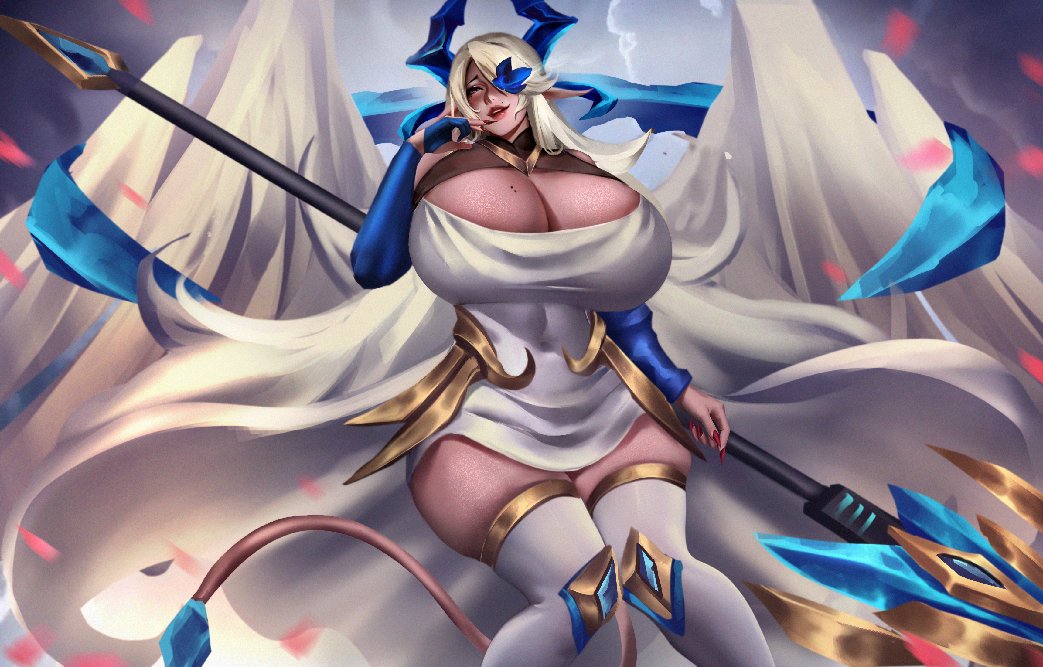 yuezoucanglan, highres, 1girl, angel wings, breasts, cleavage, detached sleeves, dress, duel monster, holding, holding polearm, holding weapon, horns, huge breasts, long hair, mole, mole on breast, polearm, red nails, solo, tail, thick thighs, thighhighs, thighs, weapon, white dress, white hair, wings