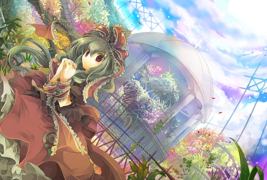 fruit punch, kagiyama hina, touhou, bad id, bad pixiv id, 1girl, female focus, flower, front ponytail, garden, gazebo, green hair, hair ribbon, red eyes, ribbon, solo