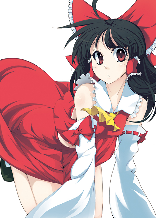 kabayaki unagi, hakurei reimu, touhou, bad id, bad pixiv id, 1girl, all fours, black hair, bow, detached sleeves, female focus, hair bow, japanese clothes, long hair, miko, red eyes, ribbon, simple background, skirt, solo, white background