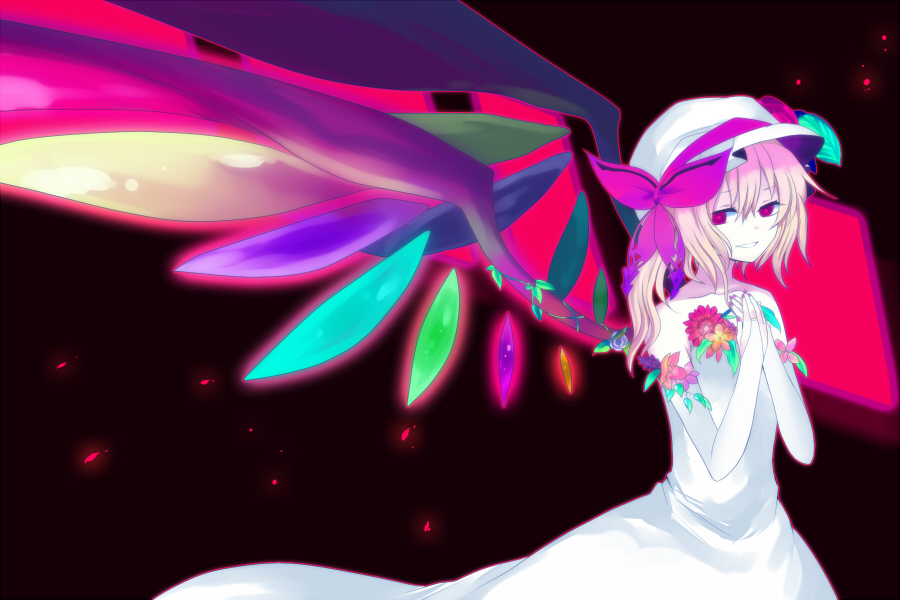 harano, flandre scarlet, touhou, bad id, bad pixiv id, 1girl, blonde hair, bridal gauntlets, dress, female focus, flower, hat, mob cap, plant, ponytail, red eyes, ribbon, smile, solo, wedding dress, wings